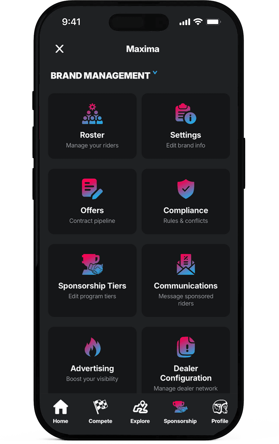 Prospect app brand management screen showing roster, offers, compliance, and sponsorship tools